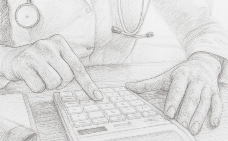 sketch of person using calculator