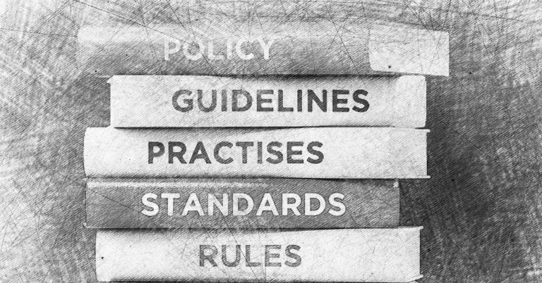 Stack of books with titles: policy guidelines, practises, standards, and rules